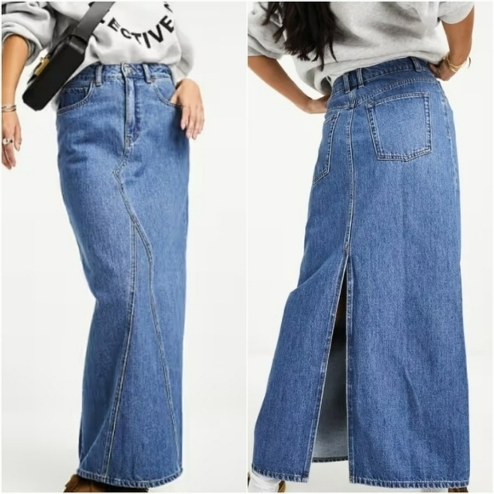MANGO Diana Mid Waist Long Denim Skirt Maxi 100% Cotton Size Large